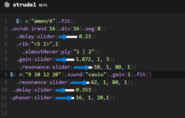 image shows  sliders implemented in Strudel.cc